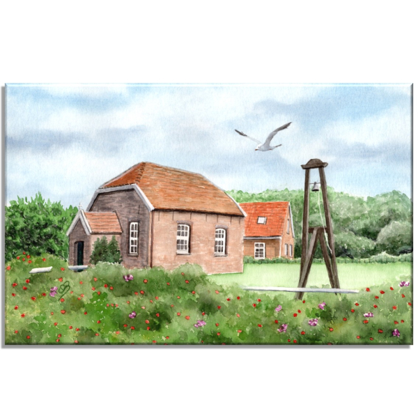 Leinwand 40 x 30 cm Keilrahmen Canvas-Leinen Aquarell Maritim Kunst Druck Kunstdruck Nordsee Insel Baltrum Kirche Inselglocke