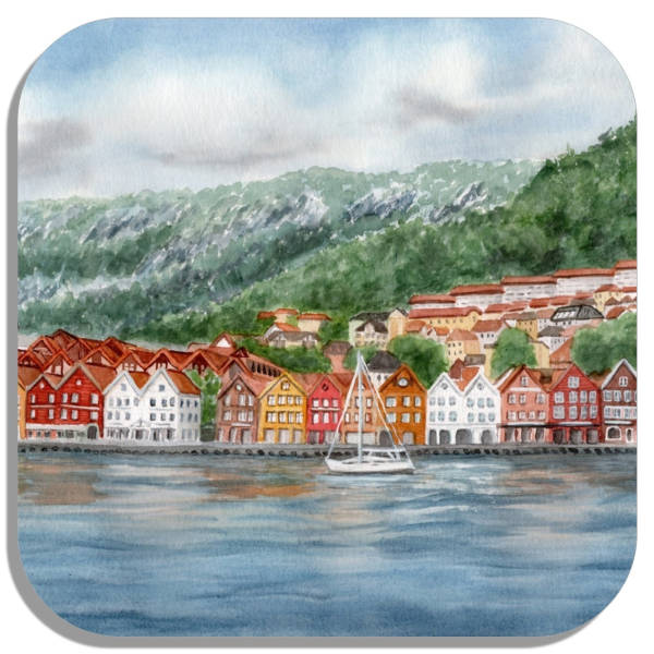 Untersetzer Glasuntersetzer 9,5 x 9,5 cm Aquarell Kunst Druck Kunstdruck Norwegen Norge Norway Bergen Bryggen - NO8