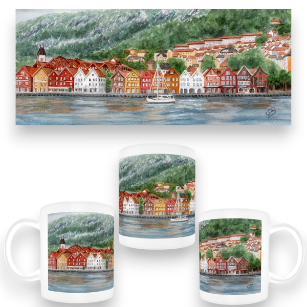 Tasse Becher Kaffeebecher  Aquarell Kunst Druck Kunstdruck Norwegen Norge Norway Bergen Bryggen - NO8