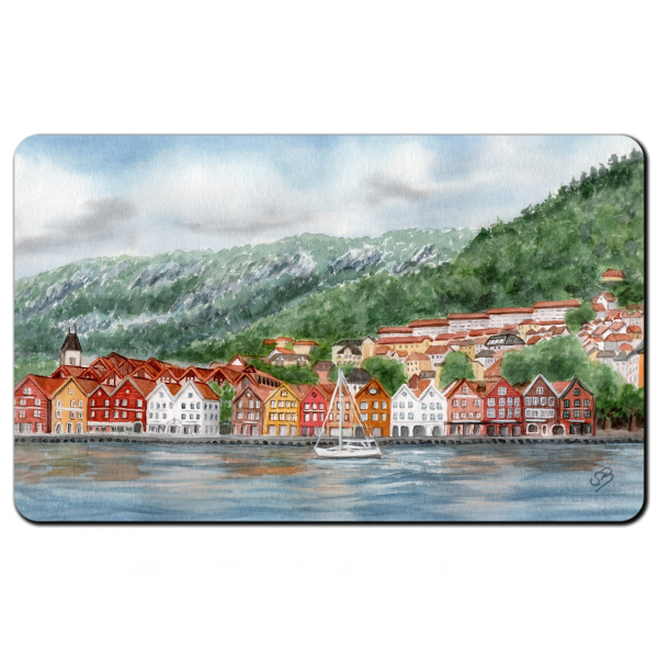 Frühstücksbrettchen Brettchen Aquarell Kunst Druck Kunstdruck Norwegen Norge Norway Bergen Bryggen - NO8