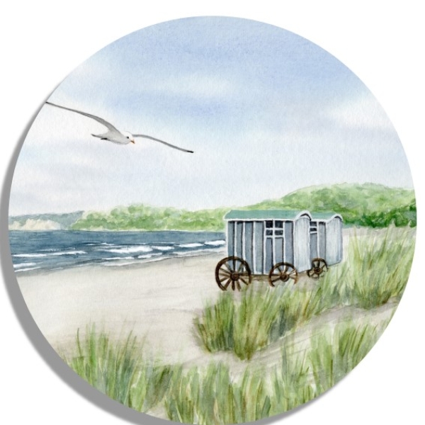 Untersetzer Glasuntersetzer rund 9,5 cm   Aquarell Maritim Kunst Druck Kunstdruck Ostsee Rügen Binz 2 - Badekarre - Strandsauna