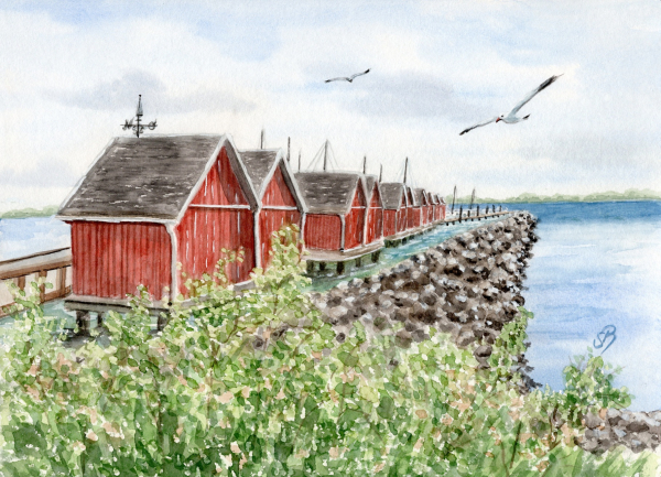 Postcard DIN-A5 Watercolor Maritime Art Print Baltic Sea - Fishermen's Houses in Boltenhagen Harbor