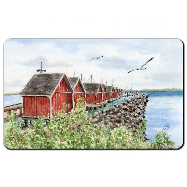 Breakfast Board  Watercolor Maritime Art Print Baltic Sea - Fishermen's Houses in Boltenhagen Harbor