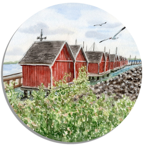 Coasters glass coasters 9,5 x  9,5 cm Watercolor Maritime Art Print Baltic Sea -  Fishermen's Houses in Boltenhagen Harbor