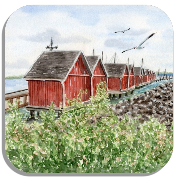 Coasters glass coasters 9,5 x  9,5 cm Watercolor Maritime Art Print Baltic Sea - Fishermen's Houses in Boltenhagen Harbor