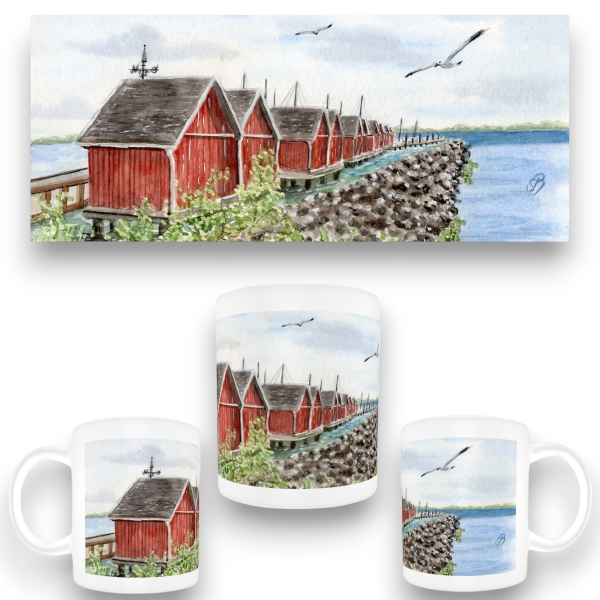 Tasse Becher Kaffeebecher Aquarell Maritim Kunst Druck Kunstdruck Ostsee - Fischerhäuser im Hafen Boltenhagen