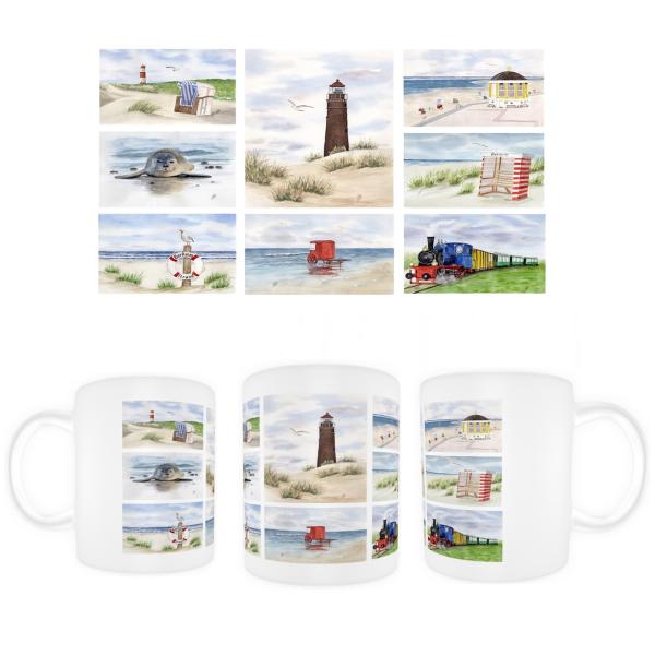Cup Coffee Cup Mug Watercolor Maritime Art Print North Sea Island Borkum Beach Chair Lighthouse Ocean Dunes