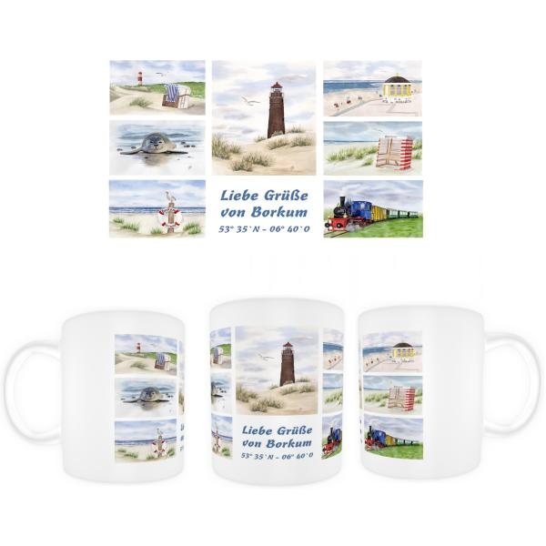 Cup Coffee Cup Mug Watercolor Maritime Art Print North Sea Island Borkum Beach Chair Lighthouse Ocean Dunes