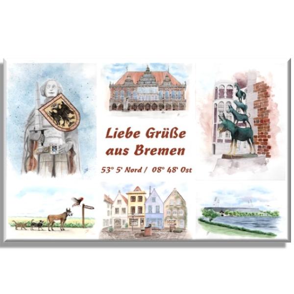 Leinwand 30 x 20 cm Keilrahmen Canvas-Leinen Aquarell Maritim Kunst Druck Kunstdruck Bremen Bremer Stadtmusikanten Collage Dom Rathaus Souvenir Souvenirs