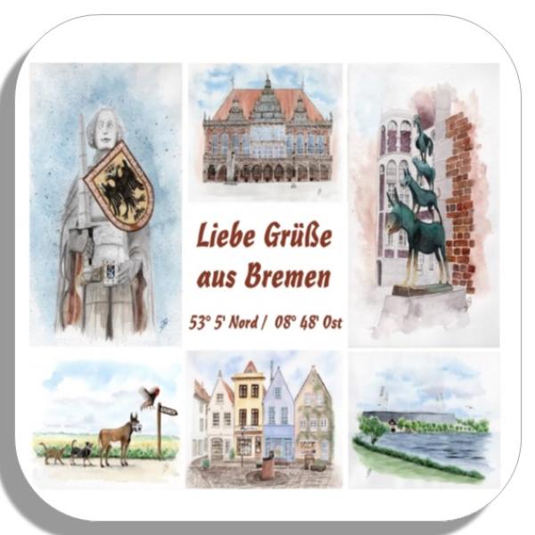 Untersetzer Glasuntersetzer 9,5 x 9,5 cm Aquarell Maritim Kunst Druck Kunstdruck Bremen Bremer Stadtmusikanten Collage Dom Rathaus Souvenir Souvenirs