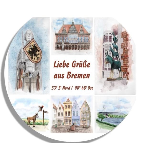 Untersetzer Glasuntersetzer rund 9,5 cm Aquarell Maritim Kunst Druck Kunstdruck Bremen Bremer Stadtmusikanten Collage Dom Rathaus Souvenir Souvenirs