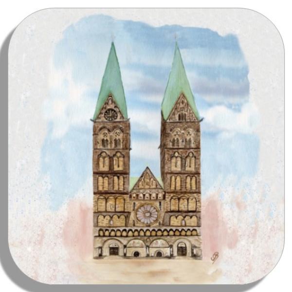 Untersetzer Glasuntersetzer 9,5 x 9,5 cm Aquarell Maritim Kunst Druck Kunstdruck Bremen Bremer Dom Souvenir Souvenirs