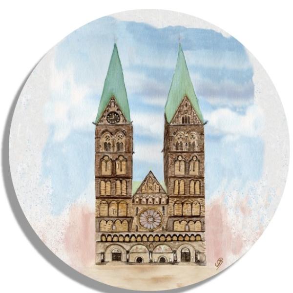 Untersetzer Glasuntersetzer rund 9,5 cm Aquarell Maritim Kunst Druck Kunstdruck Bremen Bremer Dom Souvenir Souvenirs