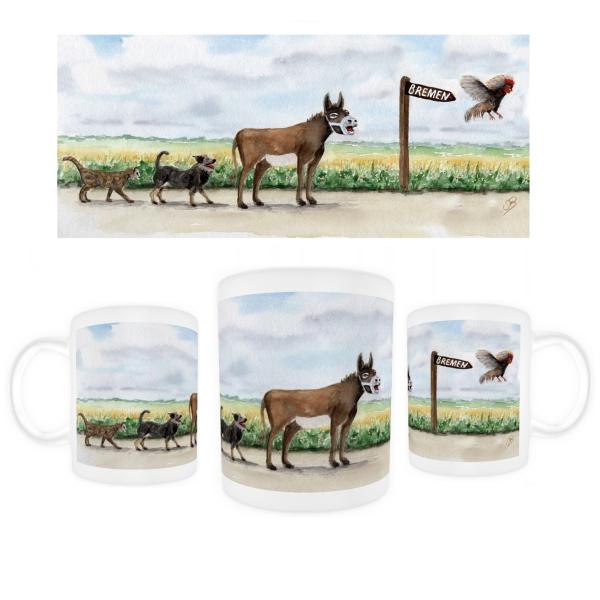 Tasse Becher Kaffeebecher Aquarell Maritim Kunst Druck Kunstdruck Bremen Bremer Stadtmusikanten Nordsee Souvenir Souvenirs