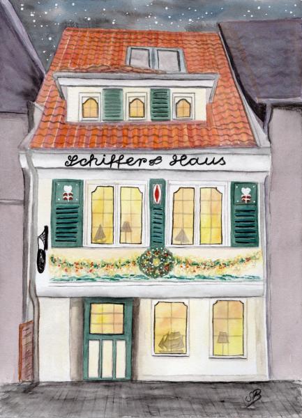 Folienmagnet Aquarell Maritim Kunst Druck Kunstdruck Bremen Bremer Schnoor Gasse Schifferhaus Nordsee Souvenir Souvenirs