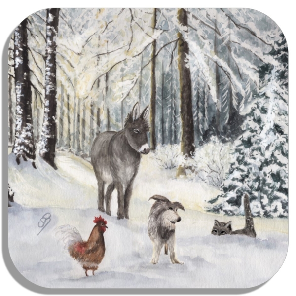 Coasters glass coasters 9,5 x  9,5 cm Bremen Town Musicians Christmas in the Forest - Bre16