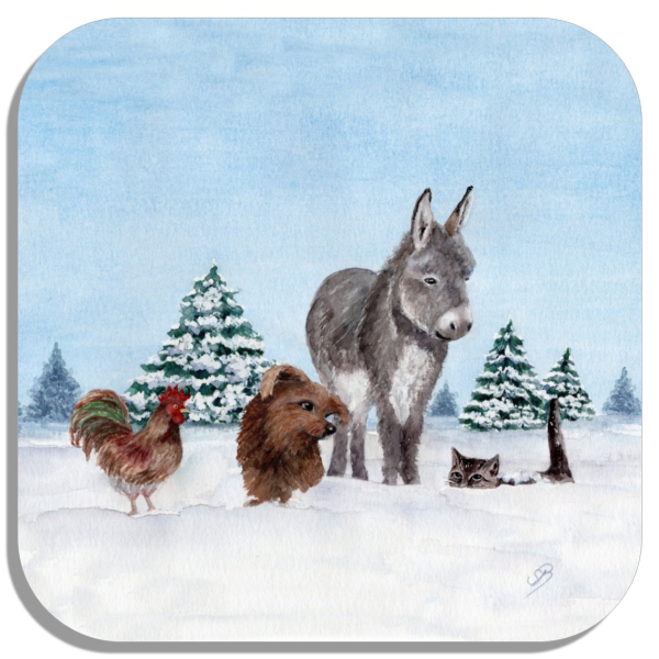 Coasters glass coasters 9,5 x  9,5 cm Bremen Town Musicians Christmas in the Forest - Bre16