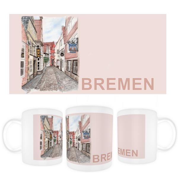 Tasse Becher Kaffeebecher Aquarell Maritim Kunst Druck Kunstdruck Bremen Bremer Schnoor Gasse Nordsee Souvenir Souvenirs