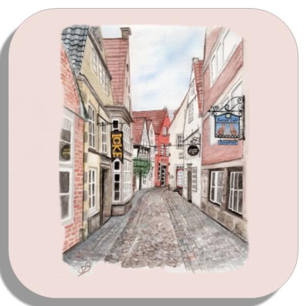 Untersetzer Glasuntersetzer 9,5 x 9,5 cm Aquarell Maritim Kunst Druck Kunstdruck Bremen Bremer Schnoor Gasse Nordsee Souvenir Souvenirs
