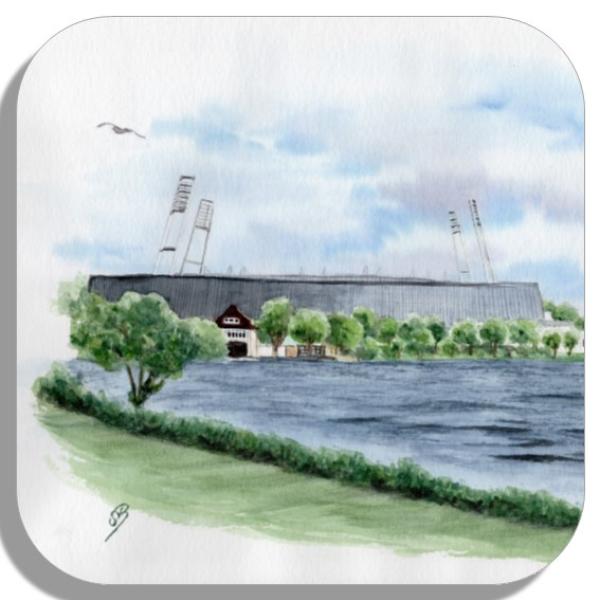 Untersetzer Glasuntersetzer 9,5 x 9,5 cm Aquarell Maritim Kunst Druck Kunstdruck Werder Bremen Bremer Weserstation Fußball Stadion