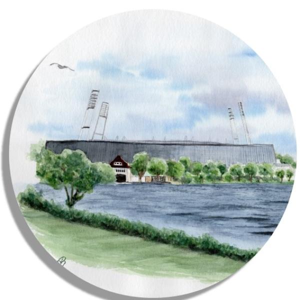 Untersetzer Glasuntersetzer rund 9,5 cm Aquarell Maritim Kunst Druck Kunstdruck Werder Bremen Bremer Weserstation Fußball Stadion