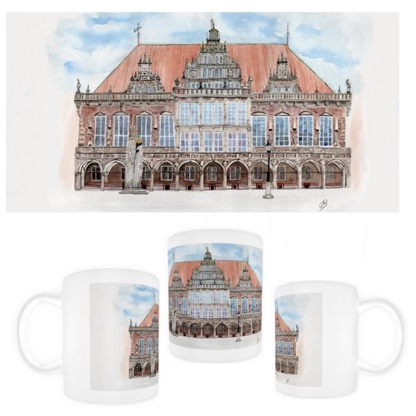 Tasse Becher Kaffeebecher Aquarell Maritim Kunst Druck Kunstdruck Bremen Bremer Rathaus Nordsee Souvenir Souvenirs