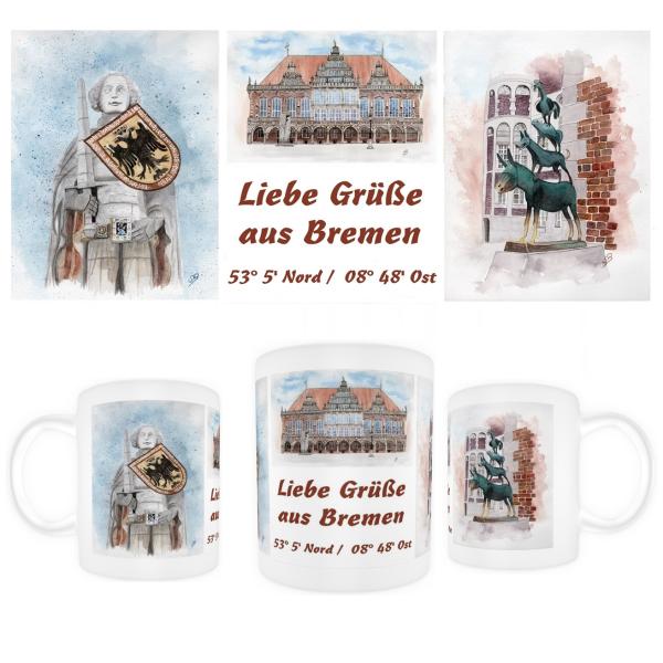 Tasse Becher Kaffeebecher Aquarell Maritim Kunst Druck Kunstdruck Bremen Bremer Stadtmusikanten Collage Dom Rathaus Souvenir Souvenirs