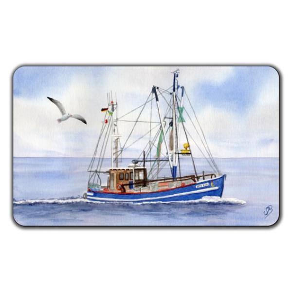 Frühstücksbrettchen Brettchen Aquarell Maritim Kunst Druck Kunstdruck Nordsee Cuxhaven Fischerboot Kutter Fischkutter blau Meer Boot Möwen