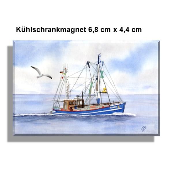 Kühlschrankmagnet Aquarell Maritim Kunst Druck Kunstdruck Nordsee Cuxhaven Fischerboot Kutter Fischkutter blau Meer Boot Möwen