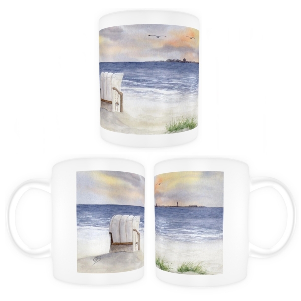 Tasse Becher Kaffeebecher  Aquarell Maritim Kunst Druck Kunstdruck Nordsee Cuxhaven Duhnen Strandkorb Strand Meer Sonnenuntergang