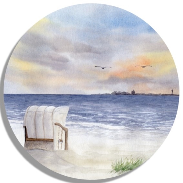 Untersetzer Glasuntersetzer rund 9,5 cm Aquarell Maritim Kunst Druck Kunstdruck Nordsee Cuxhaven Duhnen Strandkorb Strand Meer Sonnenuntergang