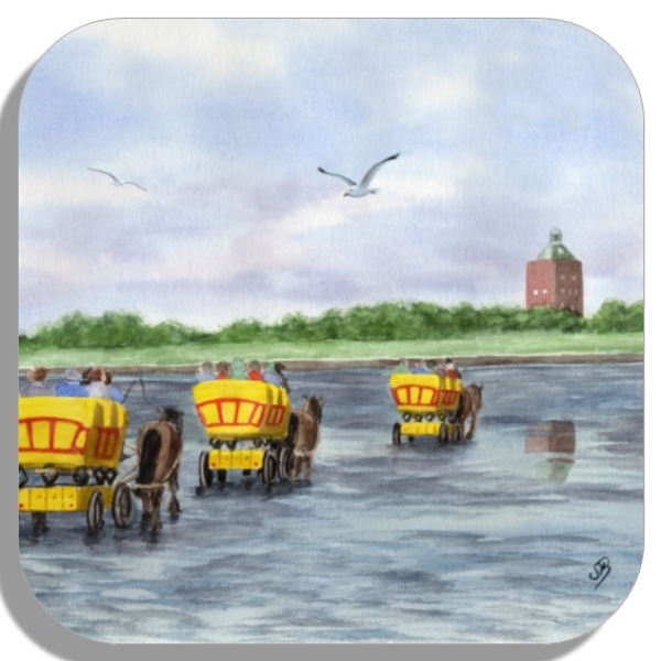 Untersetzer Glasuntersetzer 9,5 x 9,5 cm Aquarell Maritim Kunst Druck Kunstdruck Nordsee Cuxhaven Watt Wattwagen Kutsche Pferdekutsche Insel Neuwerk