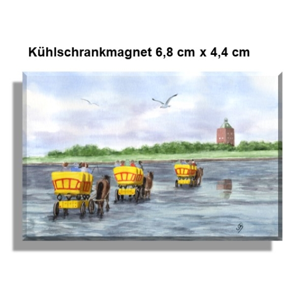 Kühlschrankmagnet Aquarell Maritim Kunst Druck Kunstdruck Nordsee Cuxhaven Watt Wattwagen Kutsche Pferdekutsche Insel Neuwerk