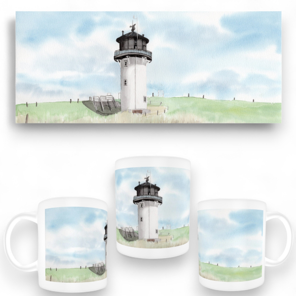 Tasse Becher Kaffeebecher Aquarell Maritim Kunst Druck Kunstdruck Nordsee Cuxhaven Leuchtturm Dicke Berta Schafe