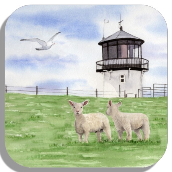 Untersetzer Glasuntersetzer 9,5 x 9,5 cm Aquarell Maritim Kunst Druck Kunstdruck Nordsee Cuxhaven Leuchtturm Dicke Berta Schafe