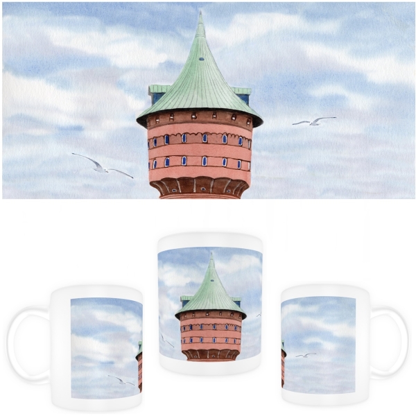Tasse Becher Kaffeebecher Aquarell Maritim Kunst Druck Kunstdruck Nordsee Cuxhaven Wasserturm Turm