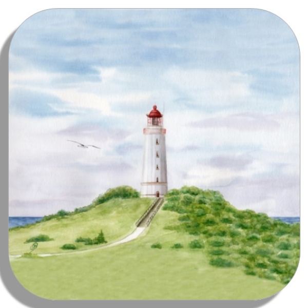 Untersetzer Glasuntersetzer 9,5 x 9,5 cm  Aquarell Maritim Kunst Druck Kunstdruck Ostsee Leuchtturm Dornbusch Hiddensee Rügen