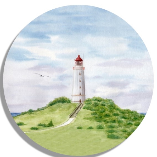 Untersetzer Glasuntersetzer rund 9,5 cm   Aquarell Maritim Kunst Druck Kunstdruck Ostsee Leuchtturm Dornbusch Hiddensee Rügen
