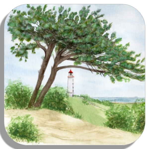 Coasters glass coasters 9,5 x  9,5 cm Watercolor Maritime Art Print Baltic Sea lighthouse Dornbusch Hiddensee Rügen