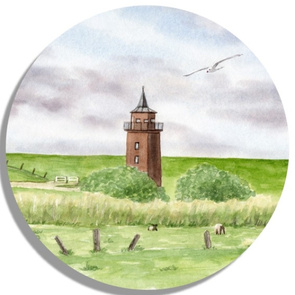 Untersetzer Glasuntersetzer rund 9,5 cm  Aquarell Kunst Druck Kunstdruck Strandkorb Sonnenuntergang Dänemark Nordsee Dagebüll Leuchtturm mit Schafe - DB2