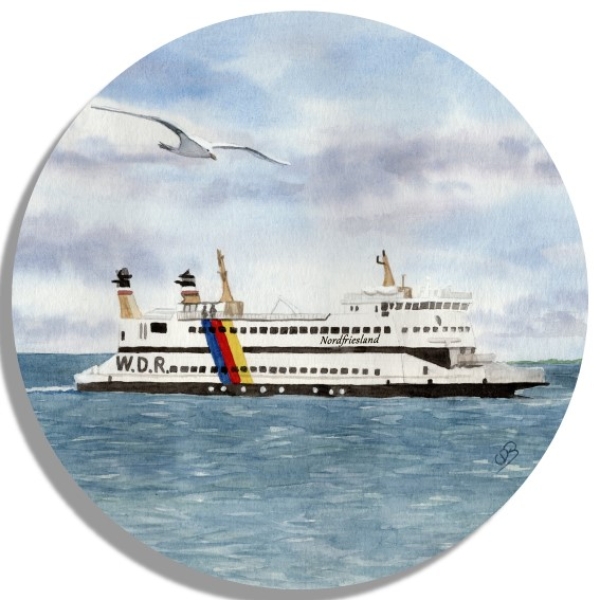 Untersetzer Glasuntersetzer rund 9,5 cm  Aquarell Kunst Druck Kunstdruck Strandkorb Sonnenuntergang Dänemark Nordsee Dagebüll Fähre - DB3