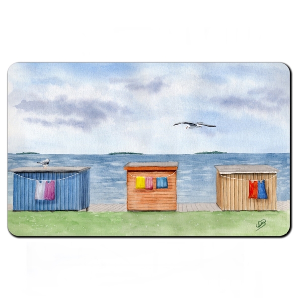 Frühstücksbrettchen Brettchen Aquarell Kunst Druck Kunstdruck Strandkorb Sonnenuntergang Dänemark Nordsee Dagebüll bunte Badebuden von hinten - DB4