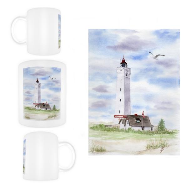 Tasse Becher Kaffeebecher Leuchtturm Blåvand Blavand mit Nebengebäuden DK01