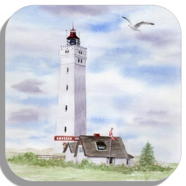 Untersetzer Glasuntersetzer 9,5 x 9,5 cm Leuchtturm Blåvand Blavand mit Nebengebäuden DK01