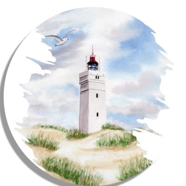 Untersetzer Glasuntersetzer rund 9,5 cm Aquarell Maritim Kunst Druck Kunstdruck Nordsee Dänemark Danmark  Blåvand Blavand Dünen Leuchtturm