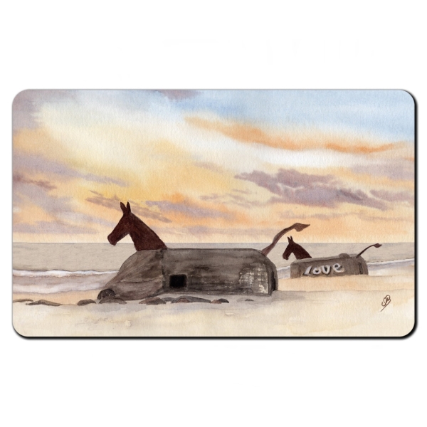 Frühstücksbrettchen Brettchen Aquarell Maritim Kunst Druck Kunstdruck Nordsee Dänemark Danmark  Blåvand Blavand Dünen Leuchtturm Maultiere Strand