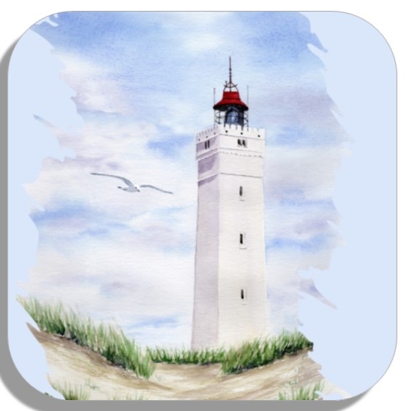 Untersetzer Glasuntersetzer 9,5 x 9,5 cm Aquarell Maritim Kunst Druck Kunstdruck Nordsee Dänemark Danmark  Blåvand Blavand Dünen Leuchtturm