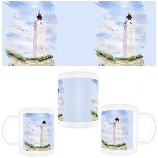 Cup Coffee Cup Mug  Watercolor Maritime Art Print Art Print North Sea Denmark Danmark Blåvand Blavand  dunes lighthouse