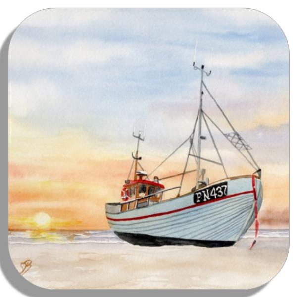 Untersetzer Glasuntersetzer 9,5 x 9,5 cm Aquarell Maritim Kunst Druck Kunstdruck Dänemark Nordsee Fischerboot Kutter Fischkutter Krabbenkutter Meer Boot Strand