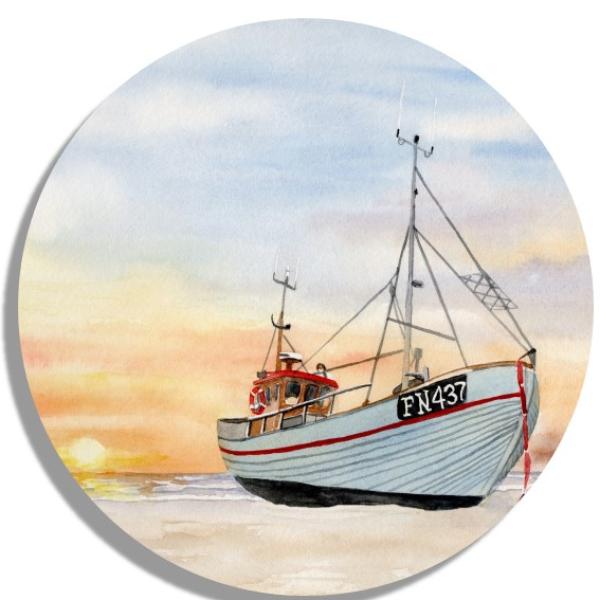 Untersetzer Glasuntersetzer rund 9,5 cm   Aquarell Maritim Kunst Druck Kunstdruck Dänemark Nordsee Fischerboot Kutter Fischkutter Krabbenkutter Meer Boot Strand